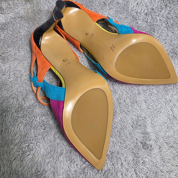 Kenneth Cole Colorblock Suede Strappy Pumps Mules Stiletto Pink Teal Womens 5.5M - Picture 5 of 5